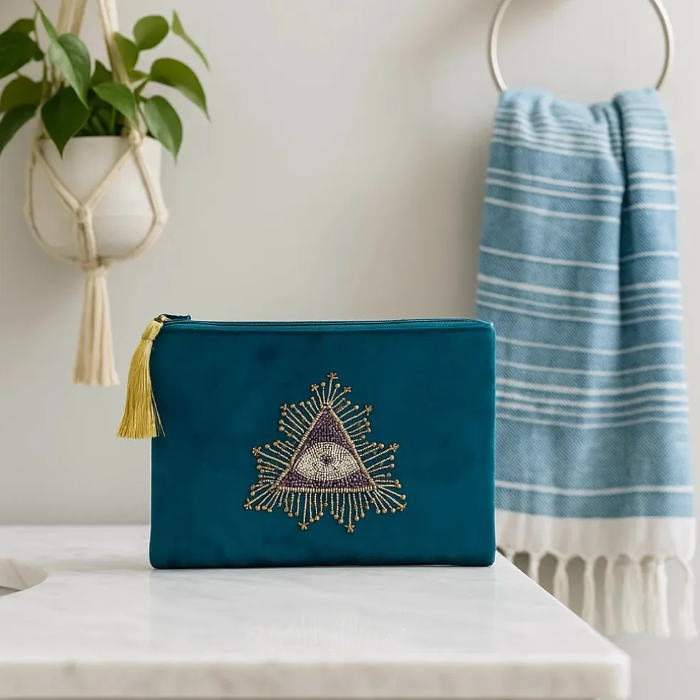 Pochette zippée en velours Pétrole | broderie Œil