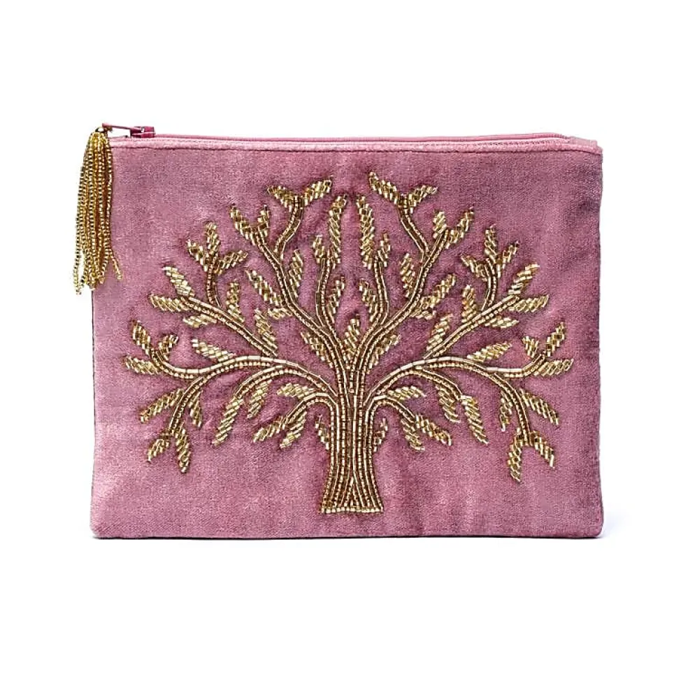 Pochette zippée en velours Rose | broderie Arbre de Vie
