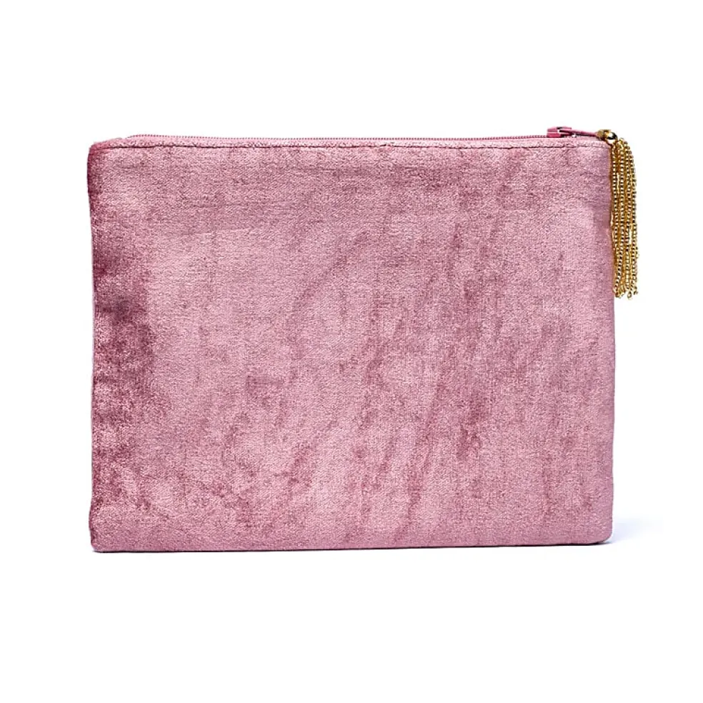 Pochette zippée en velours Rose | broderie Arbre de Vie