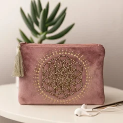 Pochette zippée en velours Rose | broderie Fleur de Vie