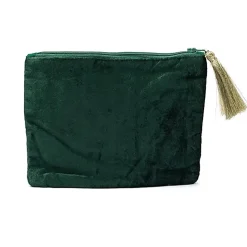 Pochette zippée en velours Vert | broderie Arbre de Vie & Coeurs