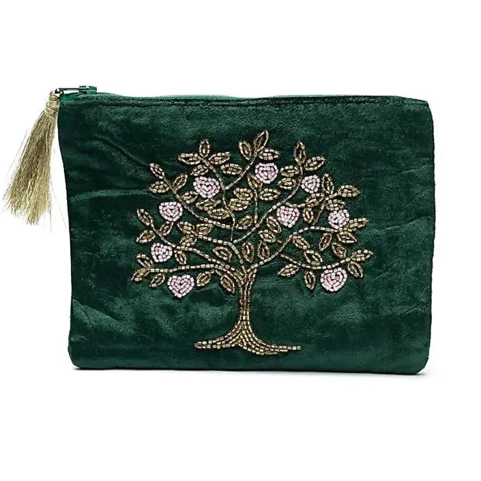 Pochette zippée en velours Vert | broderie Arbre de Vie & Coeurs