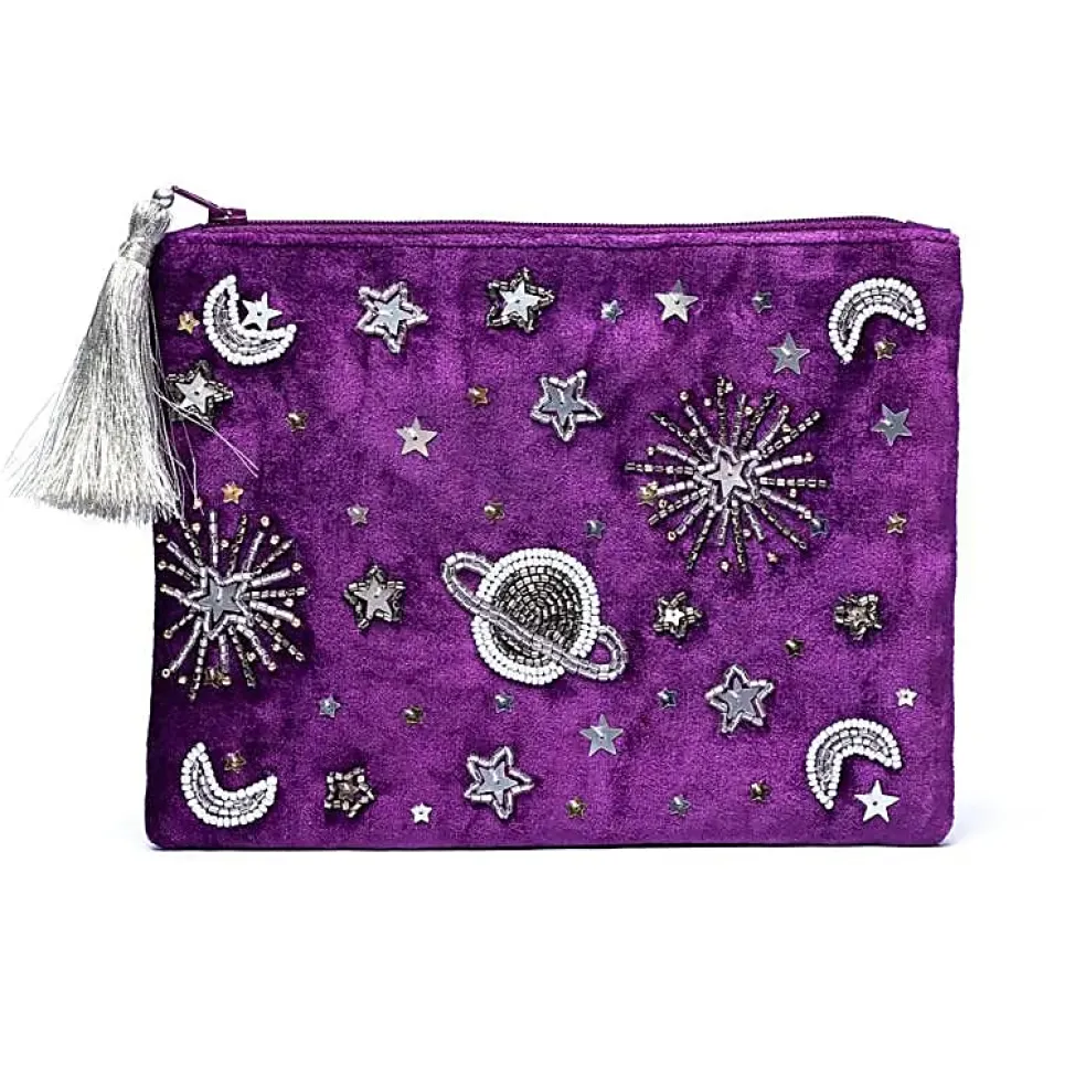 Pochette zippée en velours Violet | broderie Astres