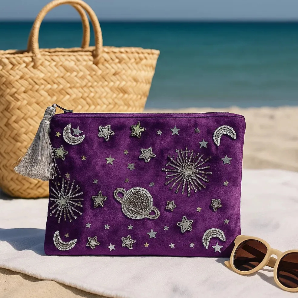 Pochette zippée en velours Violet | broderie Astres